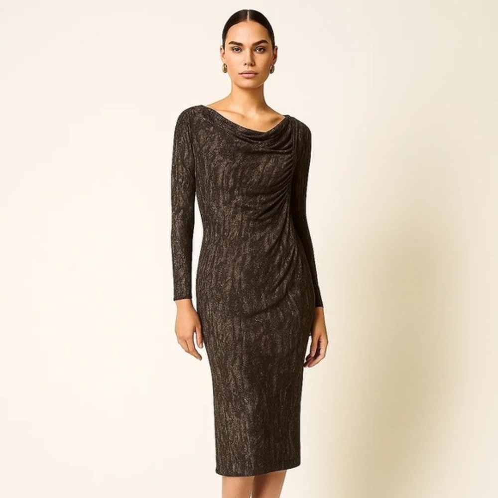 Max Mara Long Sleeve Women Ruched Draped Midi Dress Snake Slimming Italy Luxury